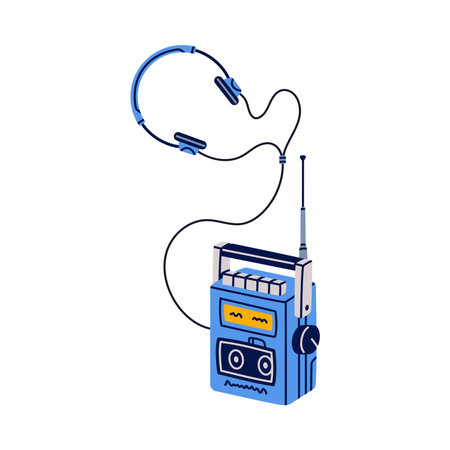 Retro Cassette Recorder with Headphones for Music Listening Vector Illustrationのイラスト素材
