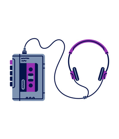 Retro Cassette as Compact Tape Device with Headphones Vector Illustrationのイラスト素材