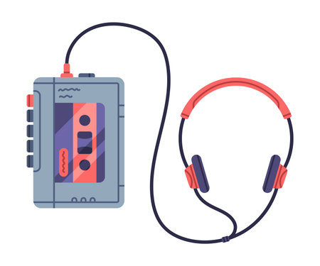 Retro Cassette as Compact Tape Device with Headphones Vector Illustrationのイラスト素材