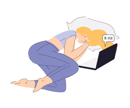 Sleepless Woman at Night Suffer from Insomnia Vector Illustrationのイラスト素材