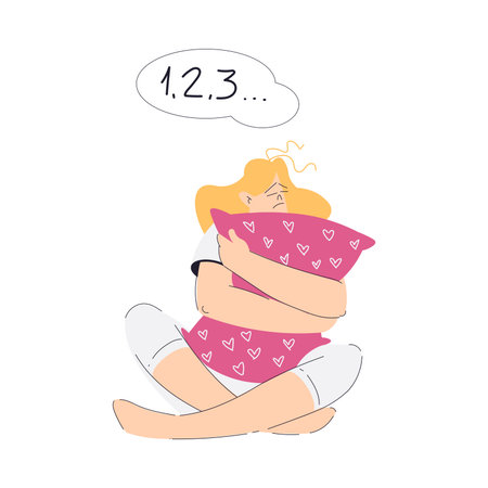Sleepless Woman at Night Count Number Suffer from Insomnia Vector Illustrationのイラスト素材