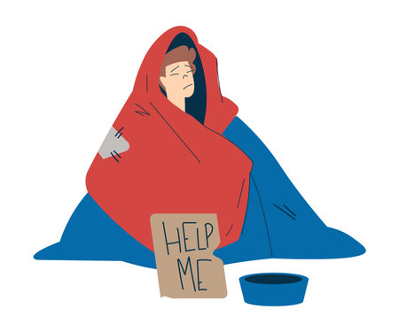 Homeless Man Character Beg for Money Live in Street in Poverty as Social Problem Vector Illustrationのイラスト素材