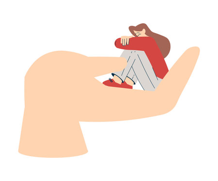 Sad Woman Character Sitting on the Hand Palm Feel Unhappy Vector Illustrationのイラスト素材