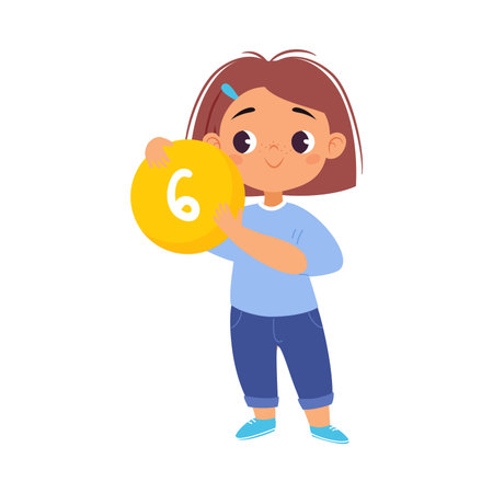 Girl Character Hold Six Number Learn Counting Vector Illustrationのイラスト素材