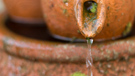 the water is drop from clay jug in nature gardenの写真素材