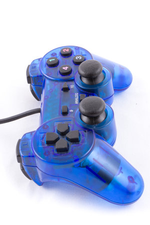 the isolated of the blue joystick for controller and play video game on white background