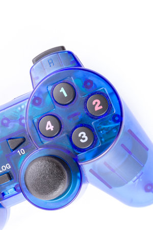the isolated of the blue joystick for controller and play video game on white background