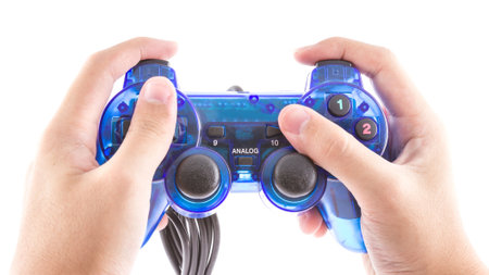 the isolated of the blue joystick for controller and play video game on white backgroundの写真素材