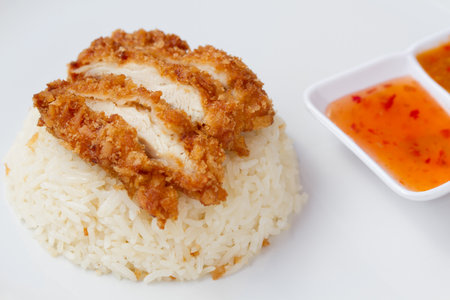 Thai fast food "fried chicken served on rice cooked in chicken broth"の写真素材