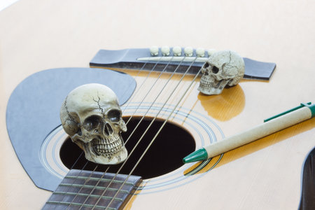 Still life art photography concept with skull and guitarの写真素材