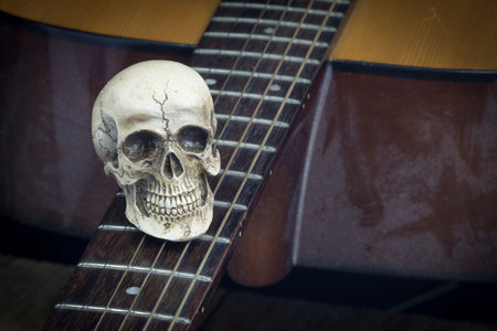 Still life art photography concept with skull and guitarの写真素材
