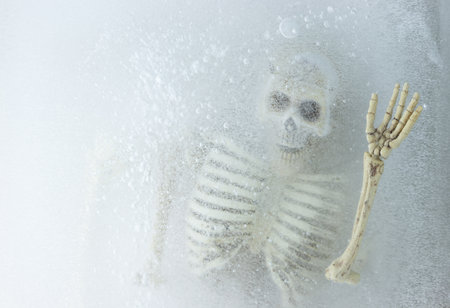Art concept Death on ice,skeleton in the ice and space for write message.