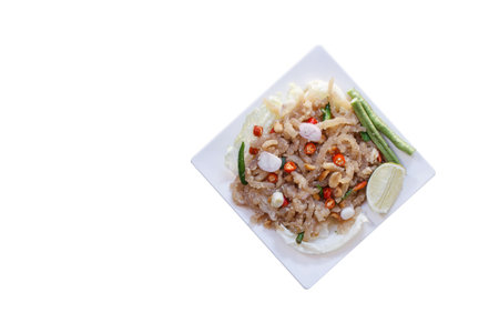 Thai appetizer food called Mooh Nam,  Minced and pounded roasted skin pork,selection focus