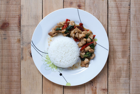 Rice topped with stir-fried pork and basil, Top viewの写真素材