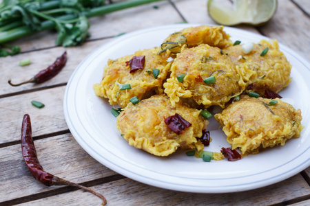 Recipe Spicy Salad of Curried Rice ,Yam Naem Khao Thot,Thai food