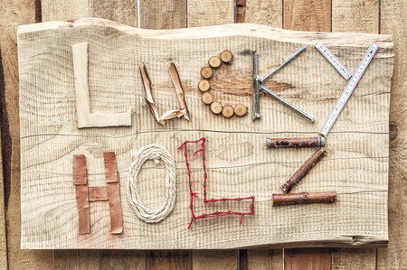 The inscription of the building materials at hand "lucky Holz" from the German "lucky tree"の写真素材