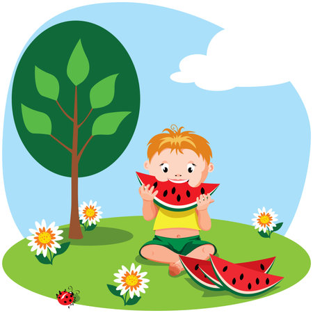 Little boy on a summer  picnicのイラスト素材