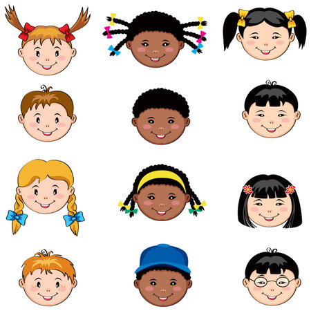 Multi ethnic children faces: Caucasian, African and  Asian boys and girlsのイラスト素材