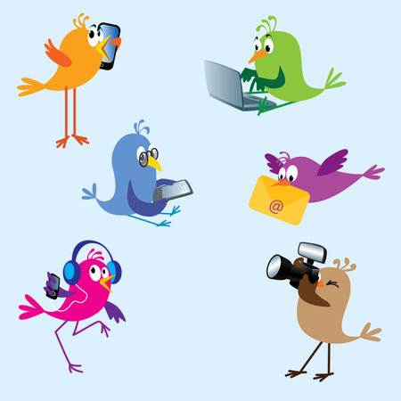 Six cute colorful birds using electronic devices: talking on mobile, typing on laptop, reading on ebook reader, bringing e-mail, dancing to MP3 player, taking picturesのイラスト素材