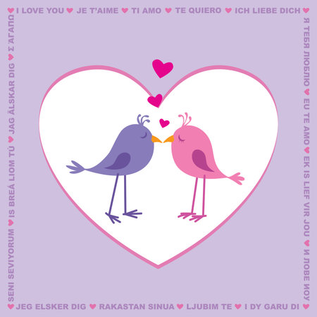 Love you card with cute birds; text in multiple languagesのイラスト素材