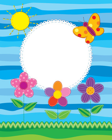 Scrapbook photo frame or card with cute flowers and butterflyのイラスト素材