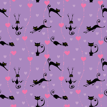 Seamless pattern with black cats and heartsのイラスト素材