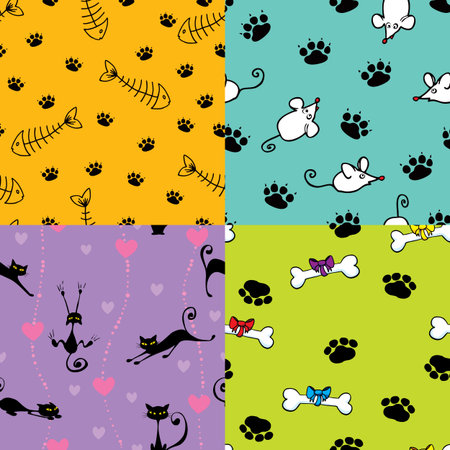 Four seamless pattern with cats and dog themesのイラスト素材