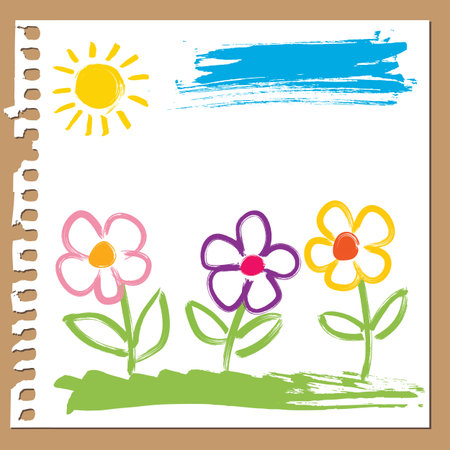 Colorful flowers painted with brush in childlike styleのイラスト素材