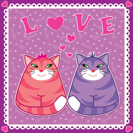 Valentine card with funny cats in love in sticker scrapbook styleのイラスト素材