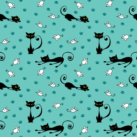Cute seamless pattern with black cats, paw prints and miceのイラスト素材