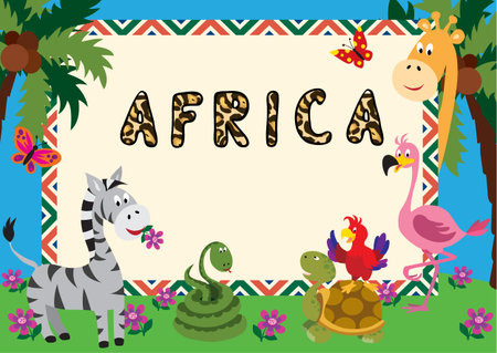 Cute cartoon animals make a colourful frame for a greeting card or invitationのイラスト素材