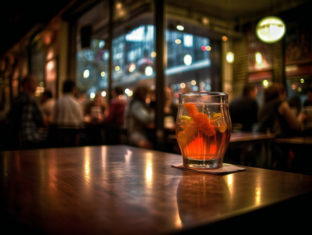 cocktail on a rustic wooden table in a bustling barの素材