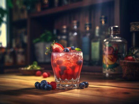 cocktail on a rustic wooden table in a bustling barの素材