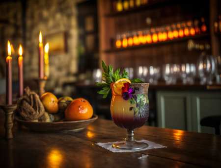 cocktail on a rustic wooden table in a bustling barの素材