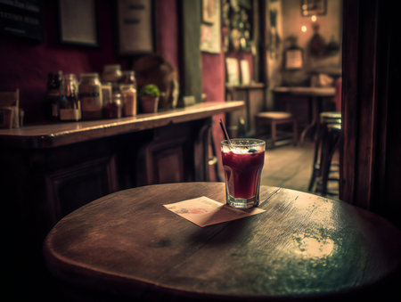 cocktail on a rustic wooden table in a bustling barの素材