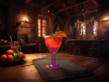 cocktail on a rustic wooden table in a bustling barの素材