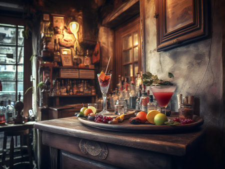 cocktail on a rustic wooden table in a bustling barの素材