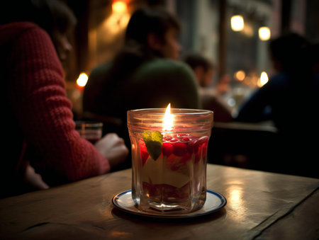 cocktail on a rustic wooden table in a bustling barの素材