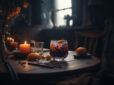 cocktail on a rustic wooden table in a bustling barの素材