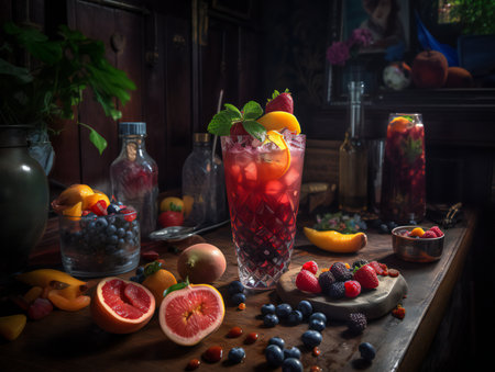 cocktail on a rustic wooden table in a bustling barの素材