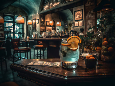 cocktail on a rustic wooden table in a bustling barの素材