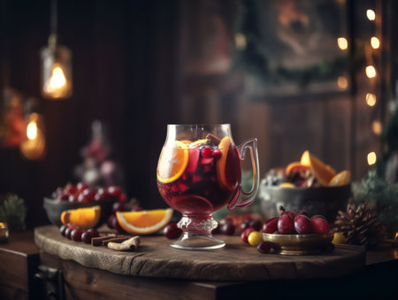 cocktail on a rustic wooden table in a bustling barの素材