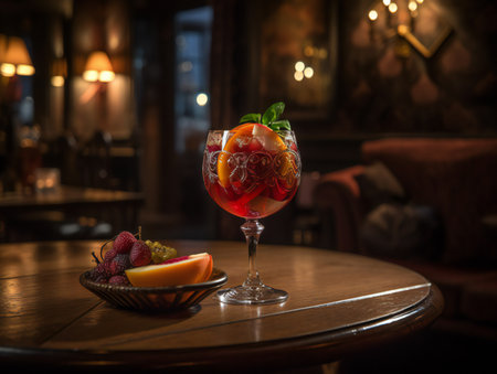 cocktail on a rustic wooden table in a bustling barの素材