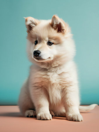 portrait photo of a puppy, isolated on a pastel color backgroundの素材