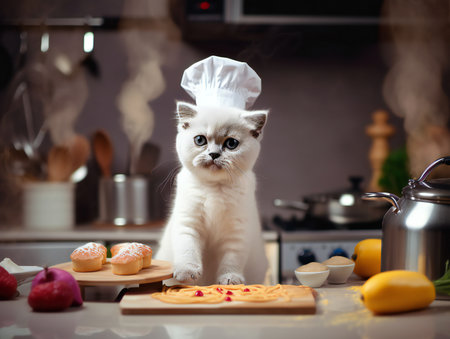 Cute little persian kitten with chef hat on the kitchen.の素材
