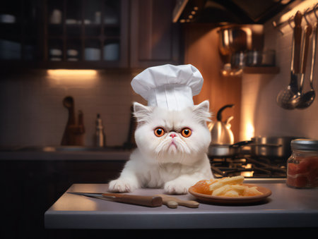 Portrait of a white exotic shorthair cat as chef in kitchenの素材