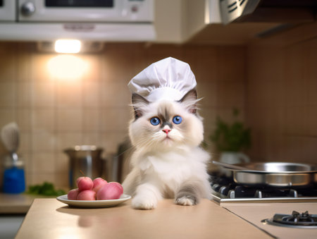 Portrait of a white ragdoll cat as chef in kitchenの素材