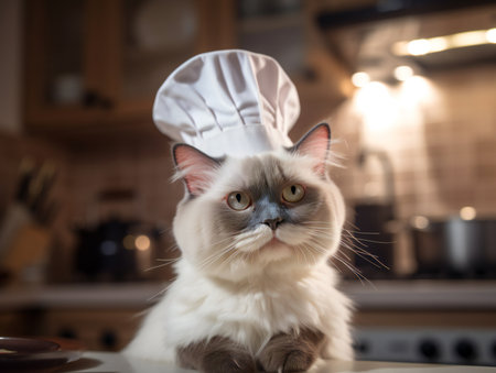 Portrait of a white ragdoll cat as chef in kitchenの素材