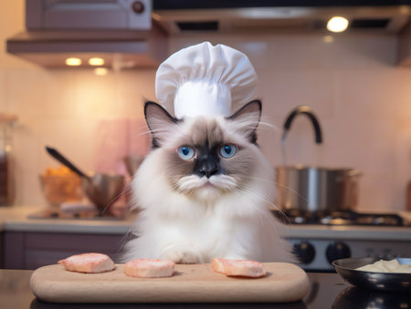 Portrait of a white ragdoll cat as chef in kitchenの素材