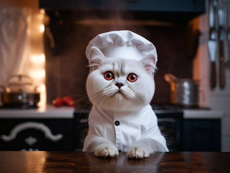 Cute white persian cat in chef's hat at the kitchen.の素材